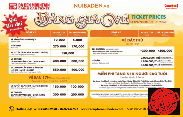 Bảng Giá Vé Núi Bà Đen Tây Ninh, Giá Vé Cáp Treo Núi Bà Tây Ninh, Giá vé Cáp Treo Tây Ninh