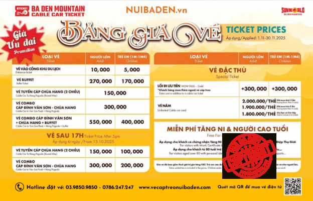 Bảng Giá Vé Núi Bà Đen Tây Ninh, Giá Vé Cáp Treo Núi Bà Tây Ninh, Giá vé Cáp Treo Tây Ninh