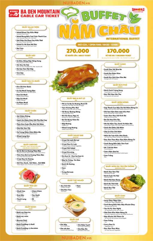 Menu Buffet Núi Bà Đen, Buffet Trưa Năm Châu 270k