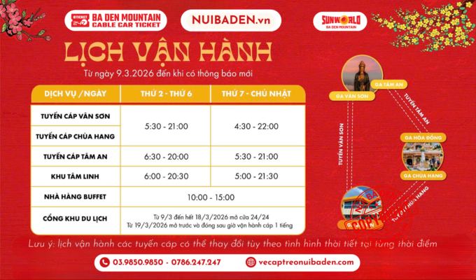 Giờ hoạt động khu du lịch Núi Bà Đen, giờ mở cửa, giờ đóng cửa